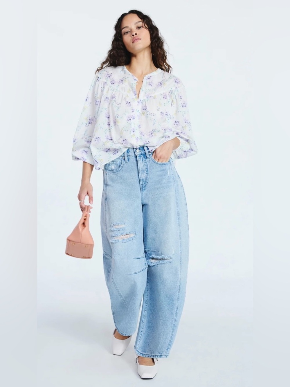 NWT Scoop White Floral Button-Front Peasant Blouse